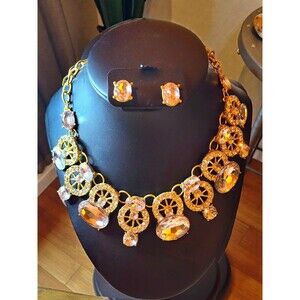 Gold Tone Statement Necklace & Earrings Set Clear Crystal Bib Prom Pageant Glam